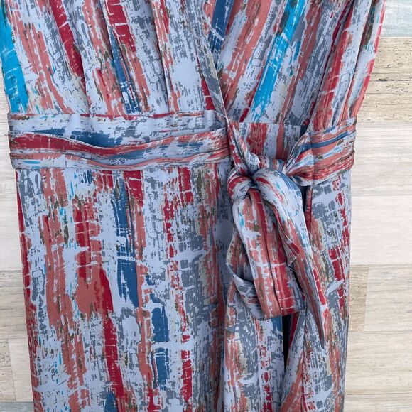 Catherine Malandrino Silk Tie Wrap Dress Blue Print Pleated Casual Womens 10 - Picture 4 of 8